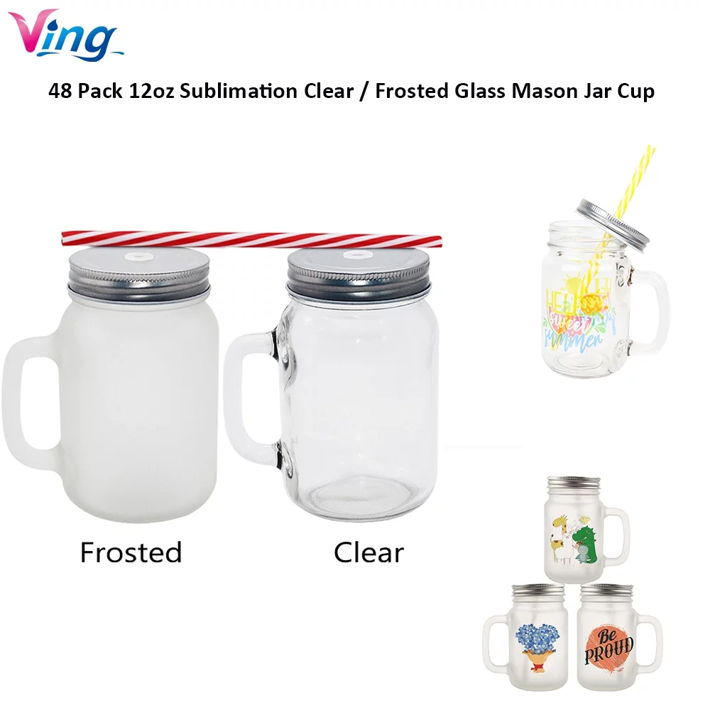 VING 48 Pack 12oz Sublimation Blank Mason Jar Cup Glass Tumbler Bottle Mugs with Handle Metal Lids and Plastic Straws