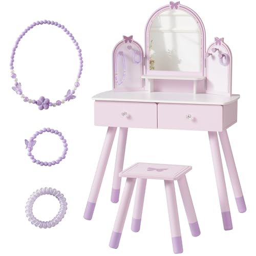 ROBOTIME Purple Kids Vanity Set, Makeup Vanity Desk with Mirror, Chair and Storage Drawers, Little Girl Dressing Table with Stool for Toddlers Ages 3+