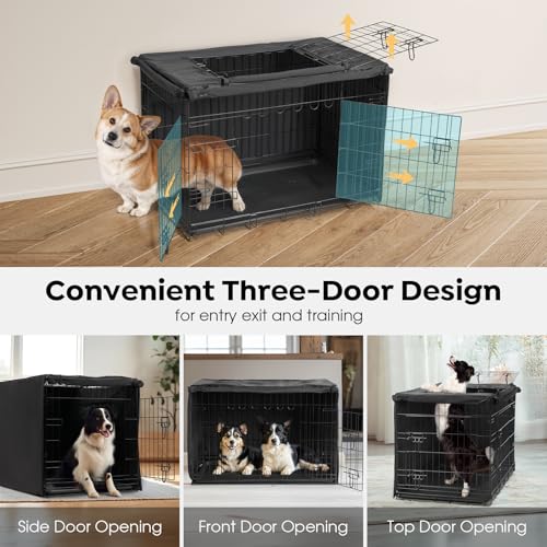 Veehoo 48 inch Dog Crate for Large Dogs with Three Doors & Cover-Metal Wire Dog Cage Kennels & Houses for Puppy&Cat, Indoor Outdoor Collapsible Metal Contour Dog Crate Kennels Kit with Removable Tray