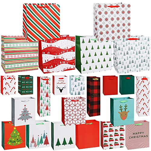 Lulu Home Christmas Wrapping Bags, 24 Packs Assorted Size Art Paper Gift Bags Set with Handles, Xmas Large Medium Small Bottle Bags for Holiday Birthday Present Packaging