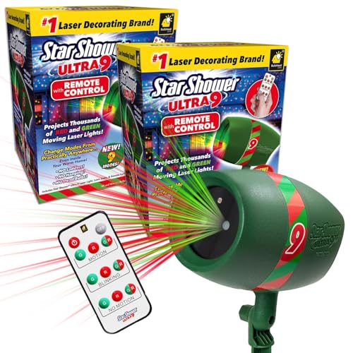Star Shower Ultra 9 Outdoor Christmas Laser Holiday Projector with Remote, 2 Pack, w/ 9 Unique Patterns, Showers Home w/Thousands of Lights, 3 Color Combinations, Up to 3200 Sq Ft
