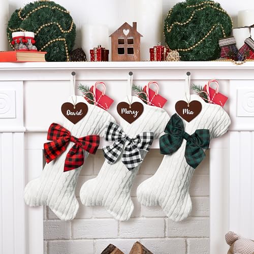 WATINC Pet Christmas Stockings Personalized - 3 Pack Large Bone Shape Stocking with Wooden Name Tag, Pet Dog Knit Christmas Hanging Stockings for Xmas Eve Party Fireplace Tree Gift Decoration
