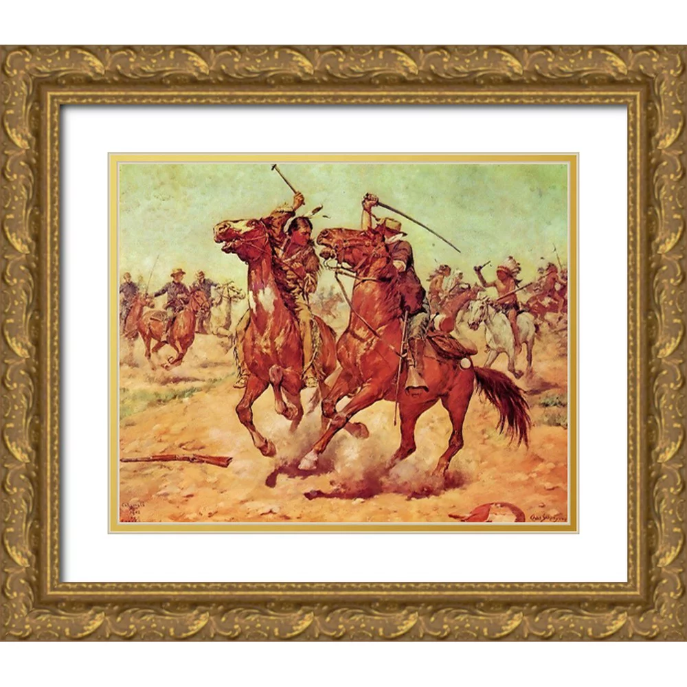 Shreyvogel, Charles 18x15 Gold Ornate Wood Framed with Double Matting Museum Art Print Titled - The Duel - Tomahawk and Sabre