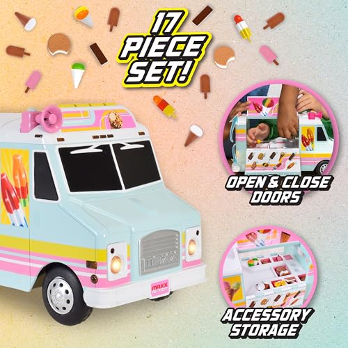 Sunny Days Entertainment, LLC. Maxx Action 12” Ice Cream Food Truck. Lights and Sound, Includes 16 Pieces with Miniature Food, Imaginative Food Play for Girls and Boys 3+