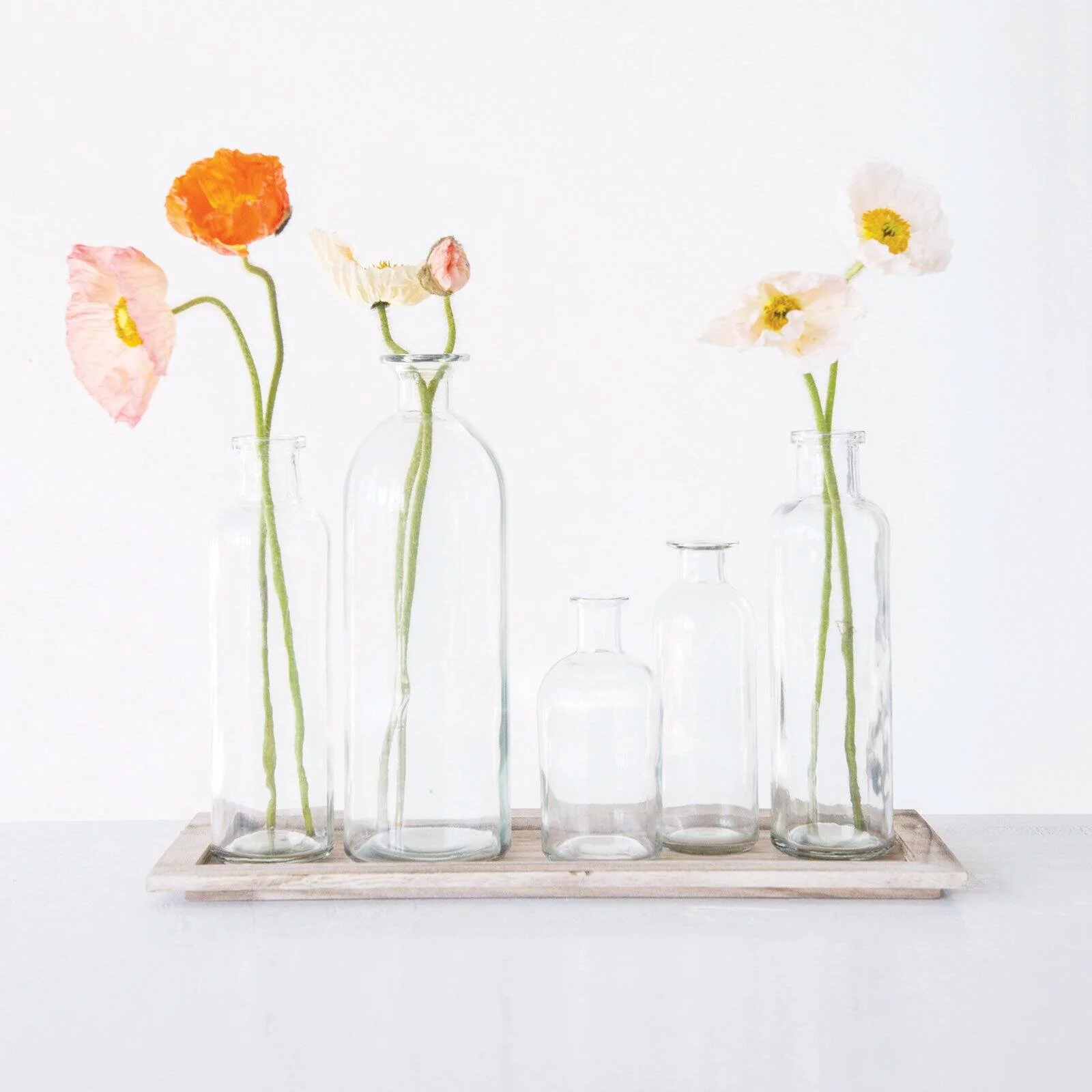 Woven Paths Vintage Bottle Vases on Wood Tray, 6 Pieces