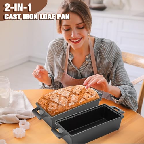 2 Piece 10 x 5 Inches Cast Iron Bread Pan with Lid 2 in 1 Loaf Pans Set Bakeware Sourdough Pots for Baking Bread Homemade Meatloaf(Black Cast Iron)