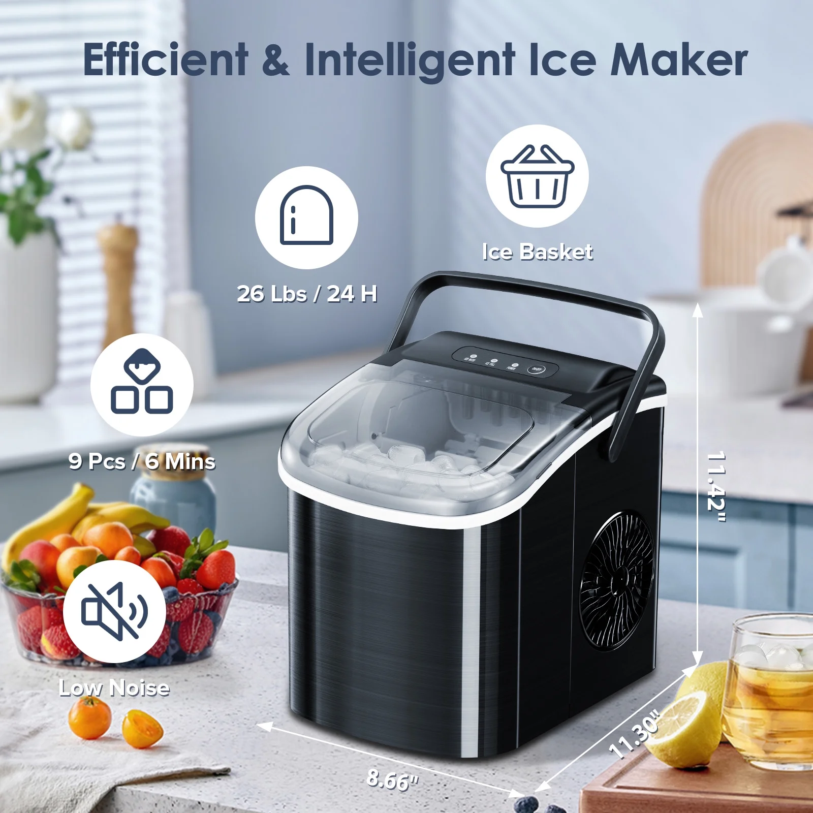 Besttey Stainless Steel Countertop Ice Maker, 9 Bullet Ice Cubes in 6 Mins, 26Lbs/24H, with Scoop & Basket, Black