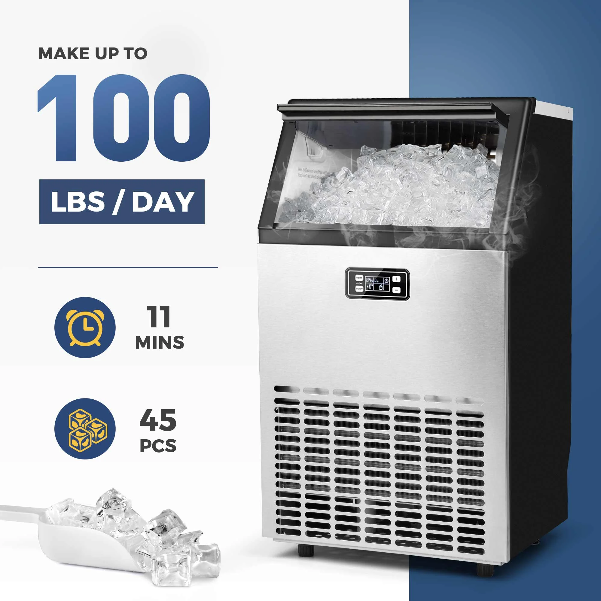 Simzlife 100lbs/24H Commercial Ice Maker Machine, Stainless Steel Under Counter ice Machine,15.55 in W, 31.5 in H