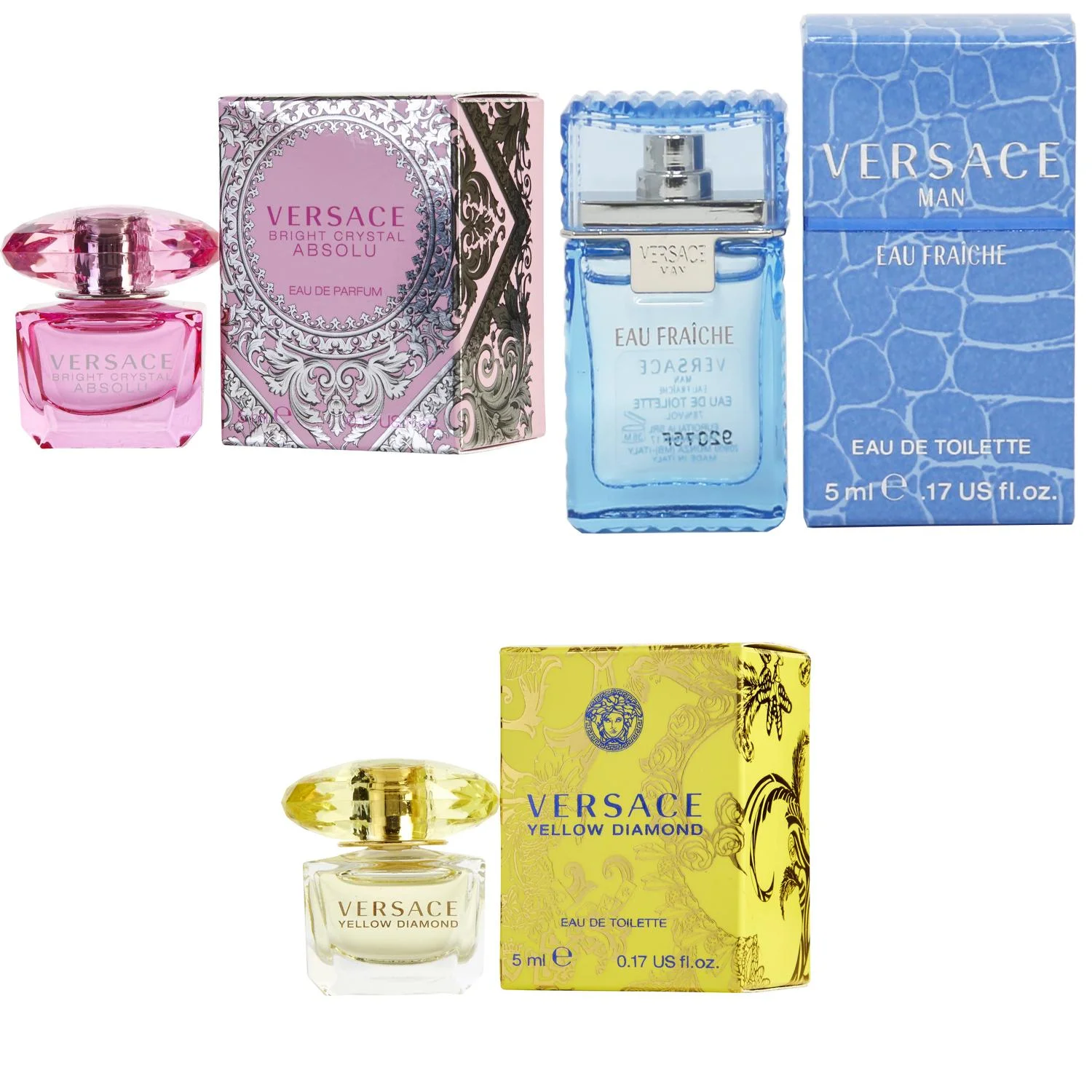 Versace Bright Crystal Absolu EDP, Man Eau Fraiche EDT, Yellow Diamond  EDT - 5ml 3PK Kit