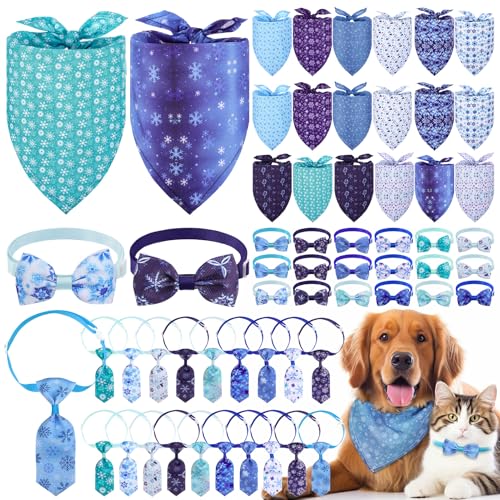 60 Pieces Winter Dog Bandanas Bulk Snowflake Dog Bandanas Bow Ties Pet Bowknot Triangle Pet Scarf Collar Bowties Adjustable for Pets Cats Party Costume Accessories