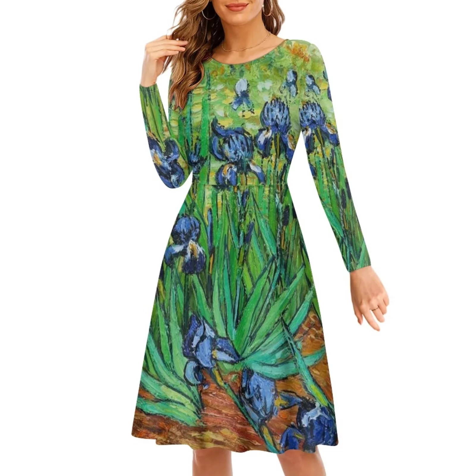 NETILGEN Irises in the Garden, Vincent Van Gogh Women Dresses Casual Elegant Swing Dress, Flared Women's Knee Length Dress, Women Fall Dresses for Special Occasion