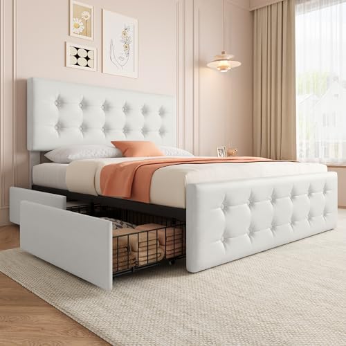 IDEALHOUSE Queen Size Bed Frame with 4 Storage Drawers and Headboard, Faux Leather Upholstered Platform Bed Frame with Wooden Slats Support, Button Tufted Design, No Box Spring Needed, Black