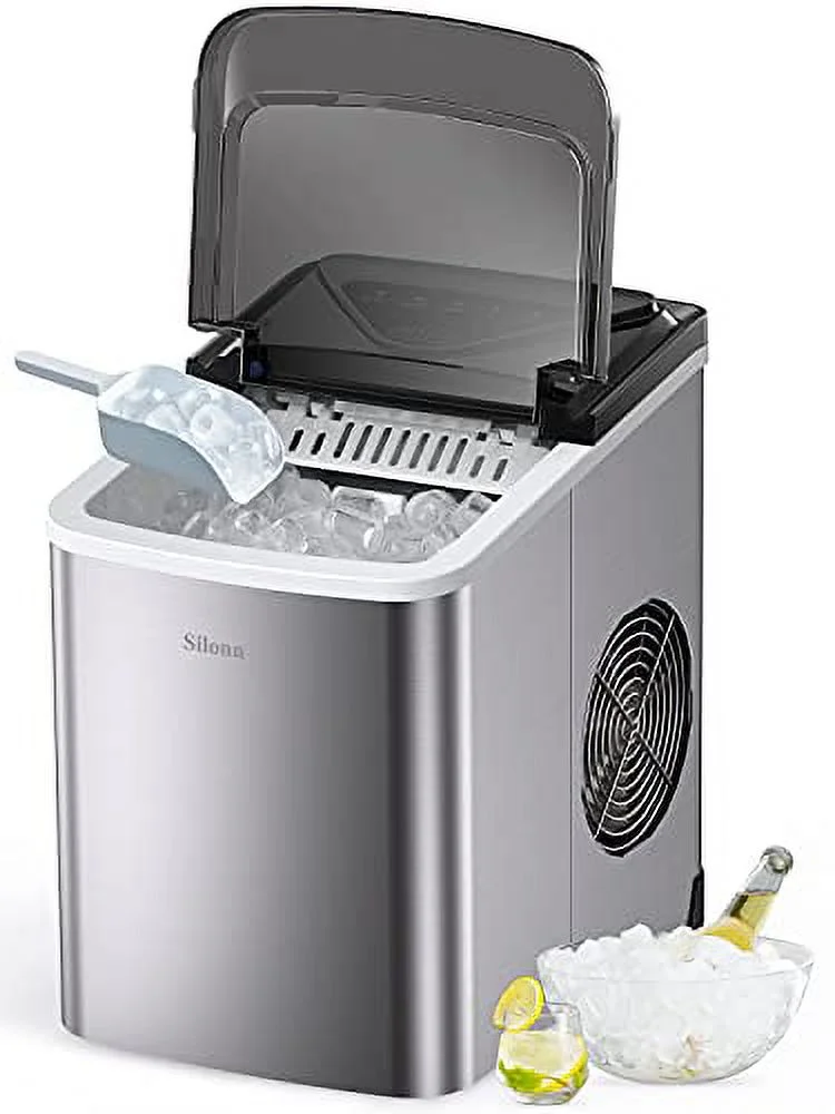 Silonn Ice Makers Countertop 9 Bullet Ice Cubes Ready in 6 Minutes, 26lbs in 24Hrs Portable Ice Maker Machine Self-Cleaning, 2 Sizes of Bullet-Shaped Ice for Home Kitchen Office Bar Party