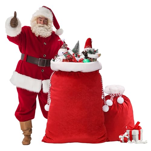 Mzjeaziany 2 Pcs Christmas Velvet Bags With Drawstring - Large Plush Santa Sack in 2 Sizes for Xmas Package Storage and Party Supplies Gift Wrapping