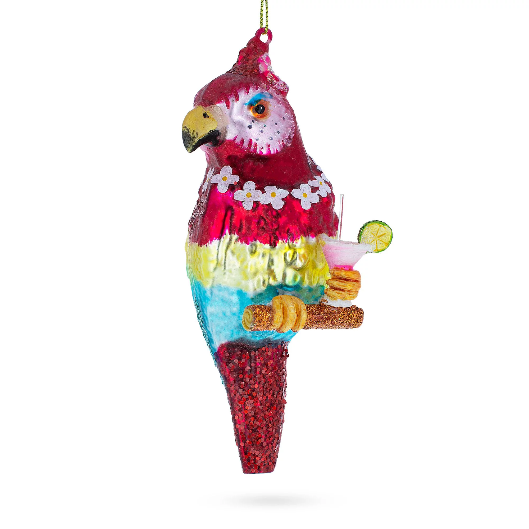 Vibrant Parrot with Drink - Blown Glass Christmas Ornament