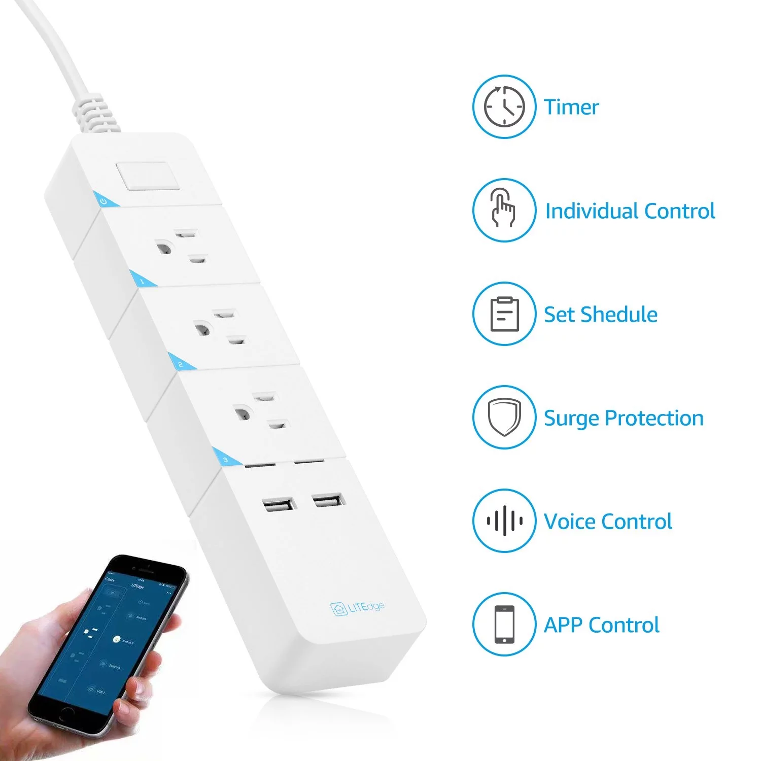 Smart Power Strip, 3 AC Outlets 2 USB Ports, Smart Outlet Strip, Surge Protected