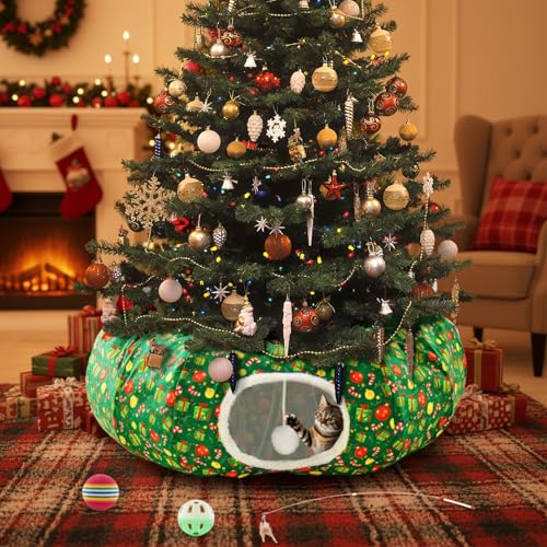 Cat Tunnel Christmas Tree Skirt Cat Donut Tunnel Bed for Indoor Cats with Cats Toy Ball for Small Medium Kitten Puppy Under Xmas Trees Decor Gift