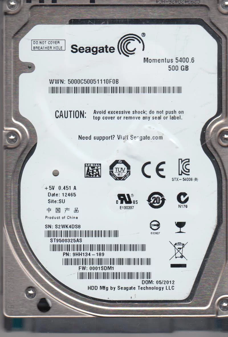 ST9500325AS, S2W, SU, PN 9HH134-189, FW 0001SDM1, Seagate 500GB SATA 2.5 Hard Drive