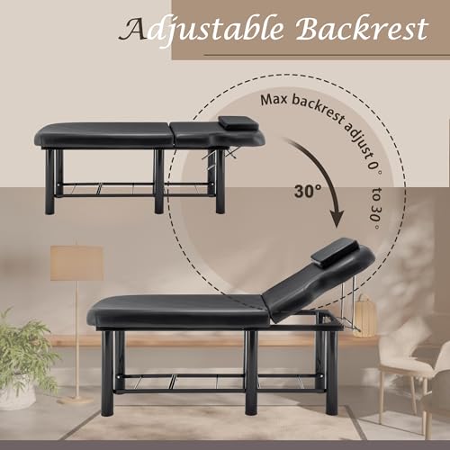 Professional Massage Bed 73 Inch, Treatment Table Salon with Removable Headrest, Faux Leather Stationary Physical Therapy Table, Spa Facial with Adjustable Backrest, Steel Frame, Black