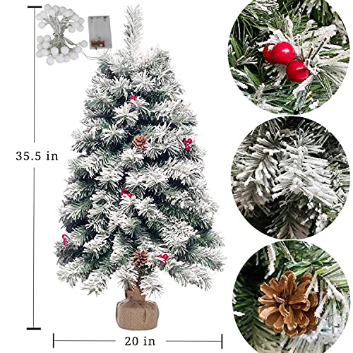 Pre-Lit Artificial Mini Christmas Tree,20 Inch Snow Flocked Small Pine Xmas Tree with 40 LED Lights,70 Branch Tips,Battery Operated Tabletop Christmas Tree Burlap Base-(50cm)