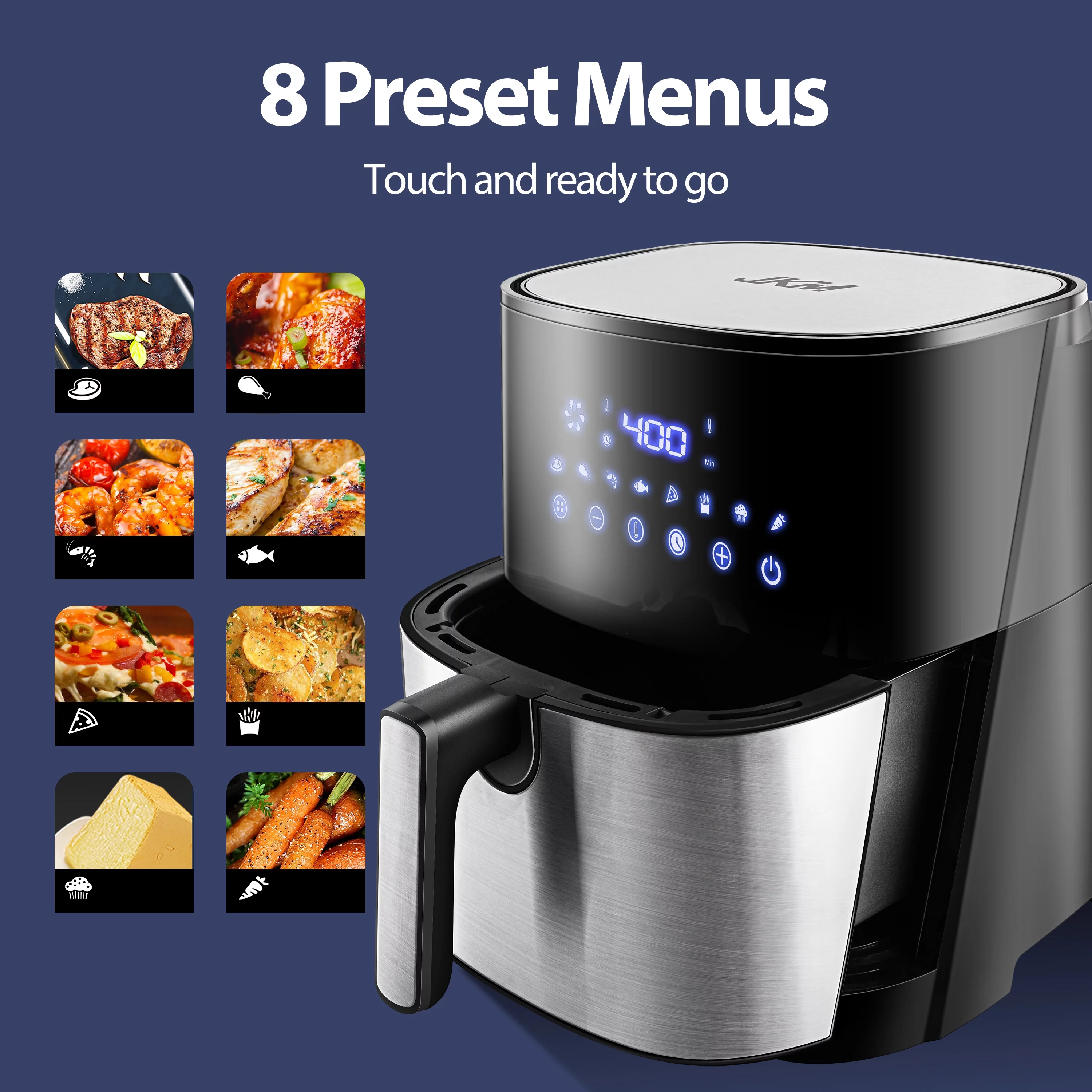 JKM Air Fryer 6.7 Quart, Digital Oilless Frying Cooker, Auto Shut Off, Stainless Steel, 8 Preset Programs