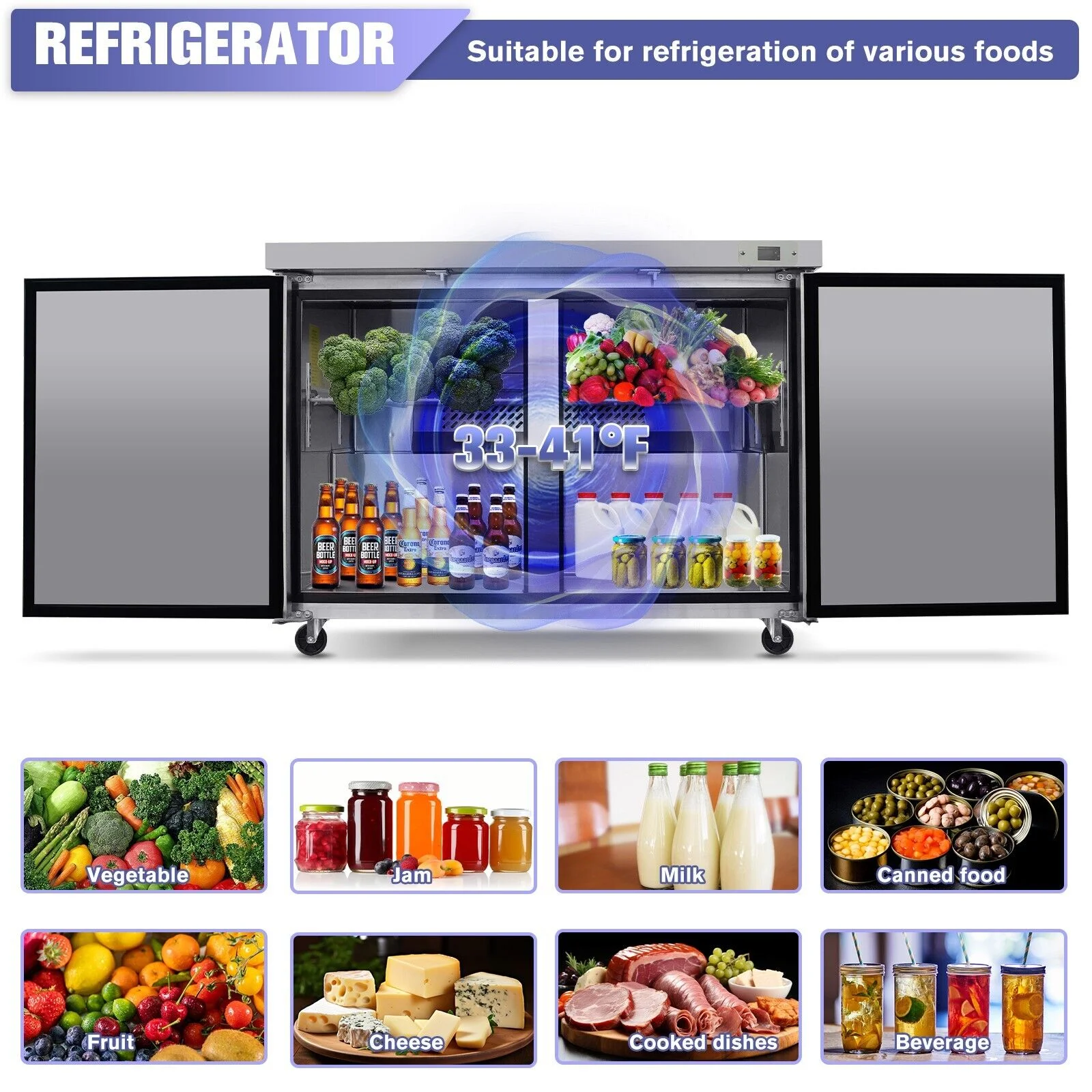 Orikool 48" Undercounter Worktop Refrigerator Prep Table 14 Cu.Ft Cooler 2 Door