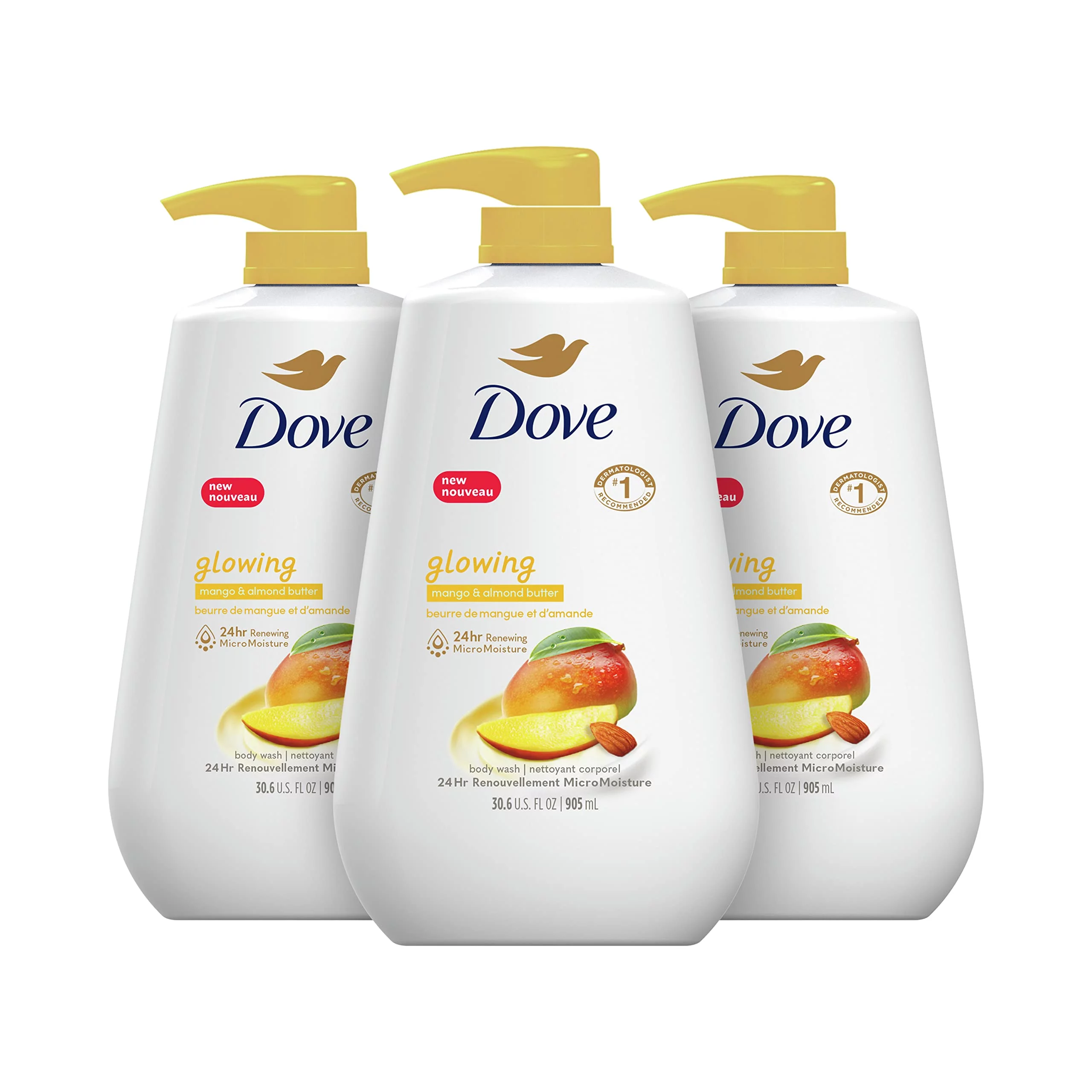 Dove Body Wash With Pump Glowing Mango & Almond Butter 3 Count For Renewed, Healthy-Looking Skin Gentle Skin Cleanser With 24Hr Renewing Micromoisture 30.6 Oz