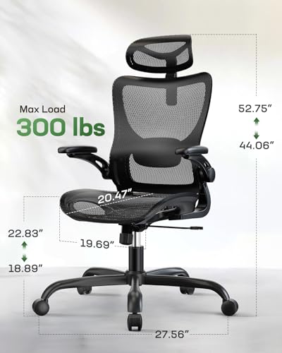 Marsail Ergonomic Mesh Office Chair High Back Home Office Desk Chair with Adaptive Lumbar Support, 2D Headrest, 3D Flip-Up Armrests, Height Adjustable and Rocking Tilt for Home Office and Gaming