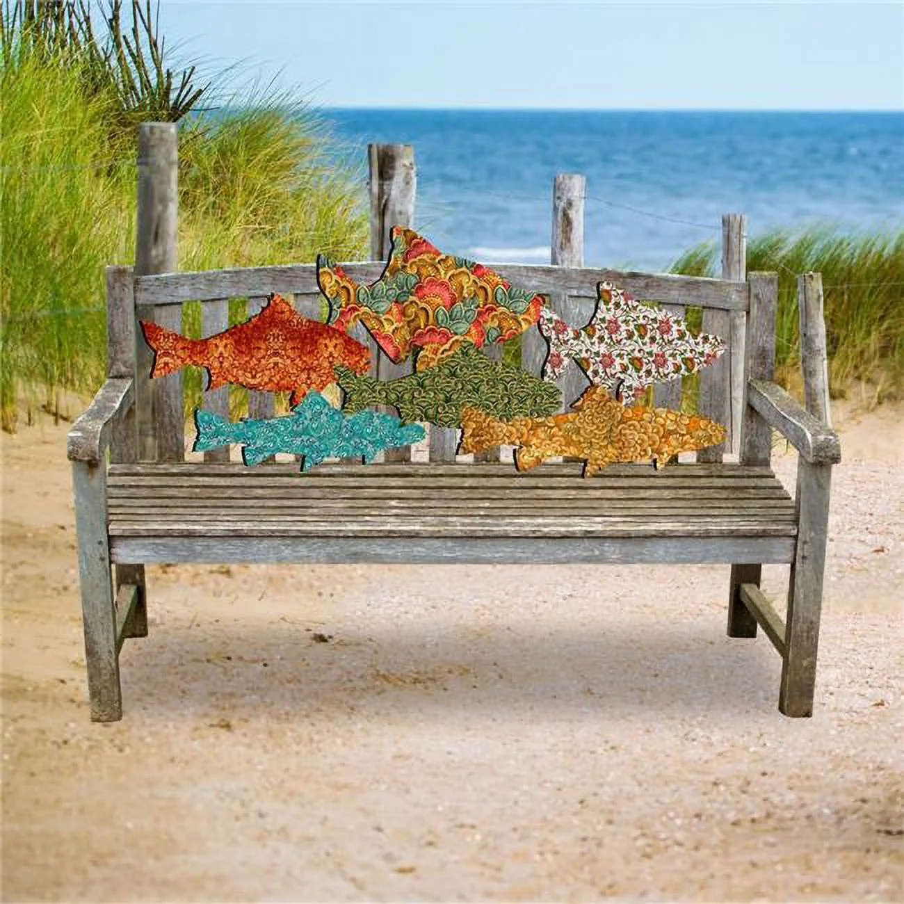 18 x 40 in. Quilted Coastal Fish Loveseat Rustic Bench & Wall Wooden Wall Decor