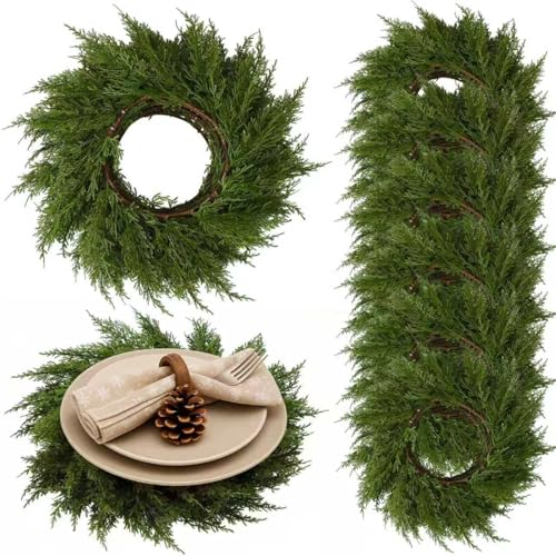 Christmas Placemats Set of 6 Round Greenery Place Mats Xmas Circular Artificial Wreath Dining Table Decor Winter Fake Plants Branches Mats for Kitchen Accessories (Pine Needles)