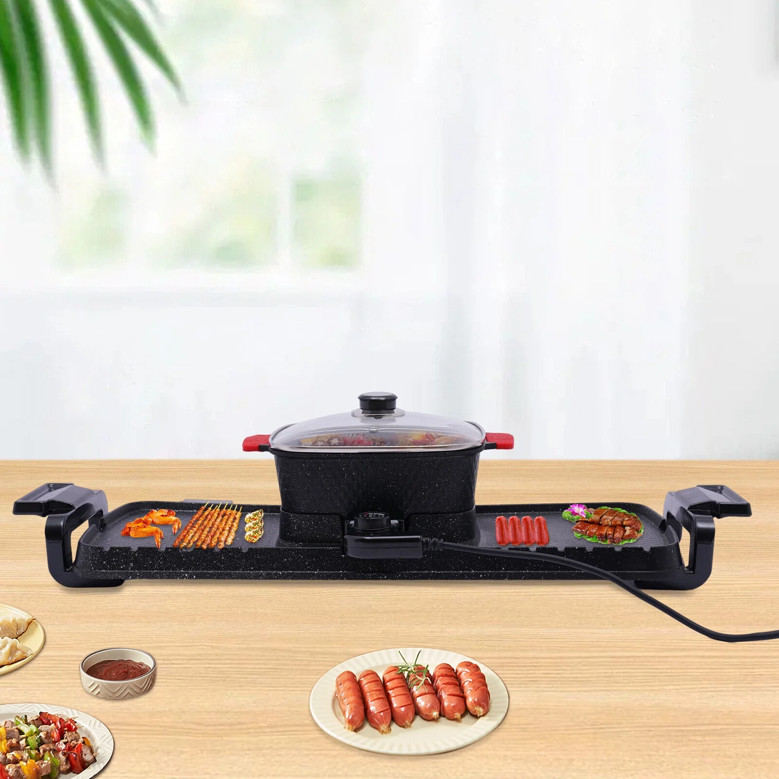 Denest Electric 2 in 1 Hot Pot BBQ Oven Smokeless Barbecue Pan Grill Hotpot Machine