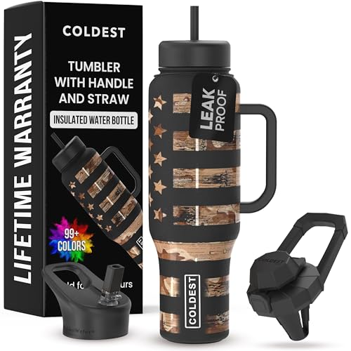 Coldest 40 oz Tumbler with Handle and Straw, 100% Leak Proof Insulated Tumbler with Lid and Straw (3 Lids), Stainless Steel Tumblers for Women & Men, Cup Holder Friendly, 36 oz (Camouflage Flag)