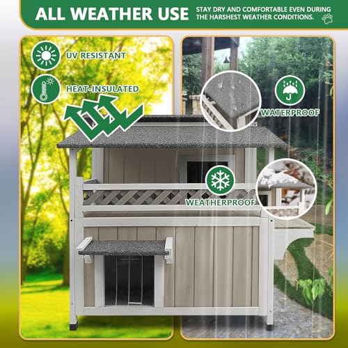Large Outdoor Cat House Weatherproof with Balcony 2-Story Feral Cats Shelter Indoor Cat Condo with Escape Door & Openable Asphalt Roof