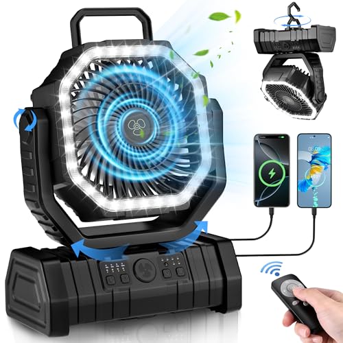 Portable Fan Rechargeable, 20000mAh Cordless Battery Powered Camping Fan with LED Light & Remote, 4 Speeds Wind, Timer, USB C, 360° Hanging Hook, Oscillating Fans for Travel Tent, Camping Essentials