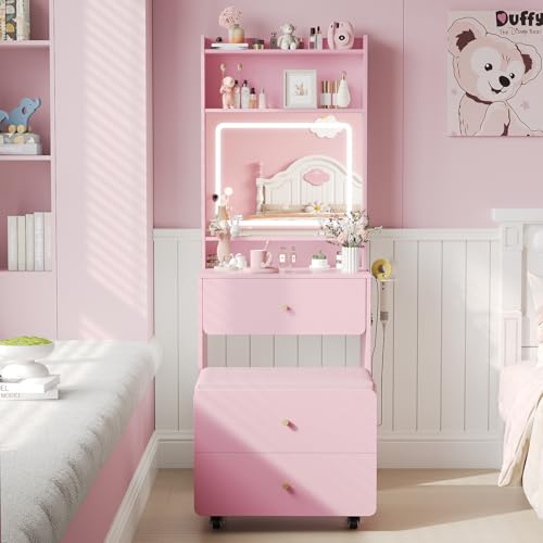 Vabches Make Up Vanity Desk with Mirror and Lights, White Vanity Table Set with Charger Station,Girls Small Vanity and Storage Chair