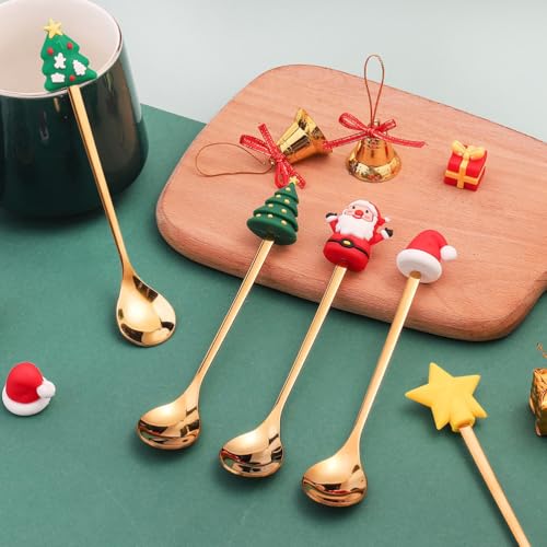Upkoch Christmas Spoon Set, Christmas Coffee Spoons Teaspoon Stainless Steel Dessert Coffee Tea, Holiday Party Tableware, Figurine Design, Gold, 6 Pack with Red Box