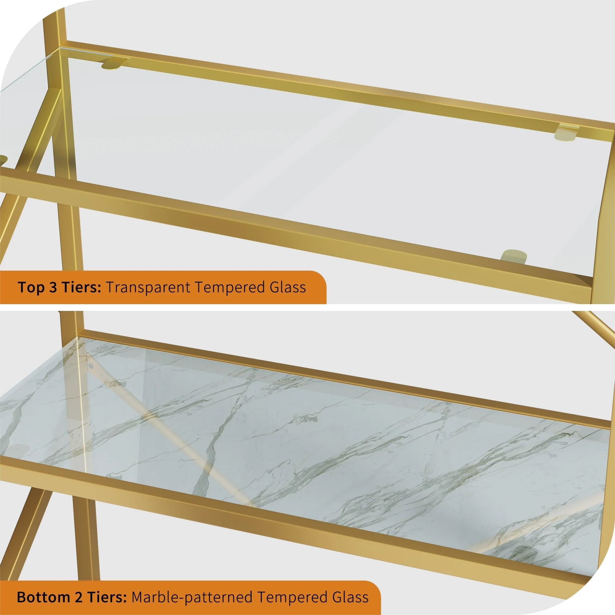 WedealFu Inc 5-Tier Bookshelf 62-inch Tall Gold Metal and Glass Bookcase