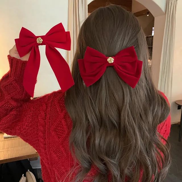 Large Velvet Hair Bow Clip with Metal Rose Accent, Pack of 2, Red