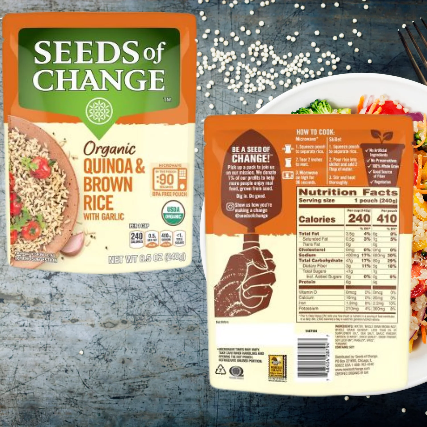 Seeds of Change Organic Quinoa & Brown Rice with Garlic Mix -Made with 100% Whole Grain, Good Source of Fiber No Preservatives Vegetarian Friendly- Microwavable Pouch (8.5oz x 6 Packs)