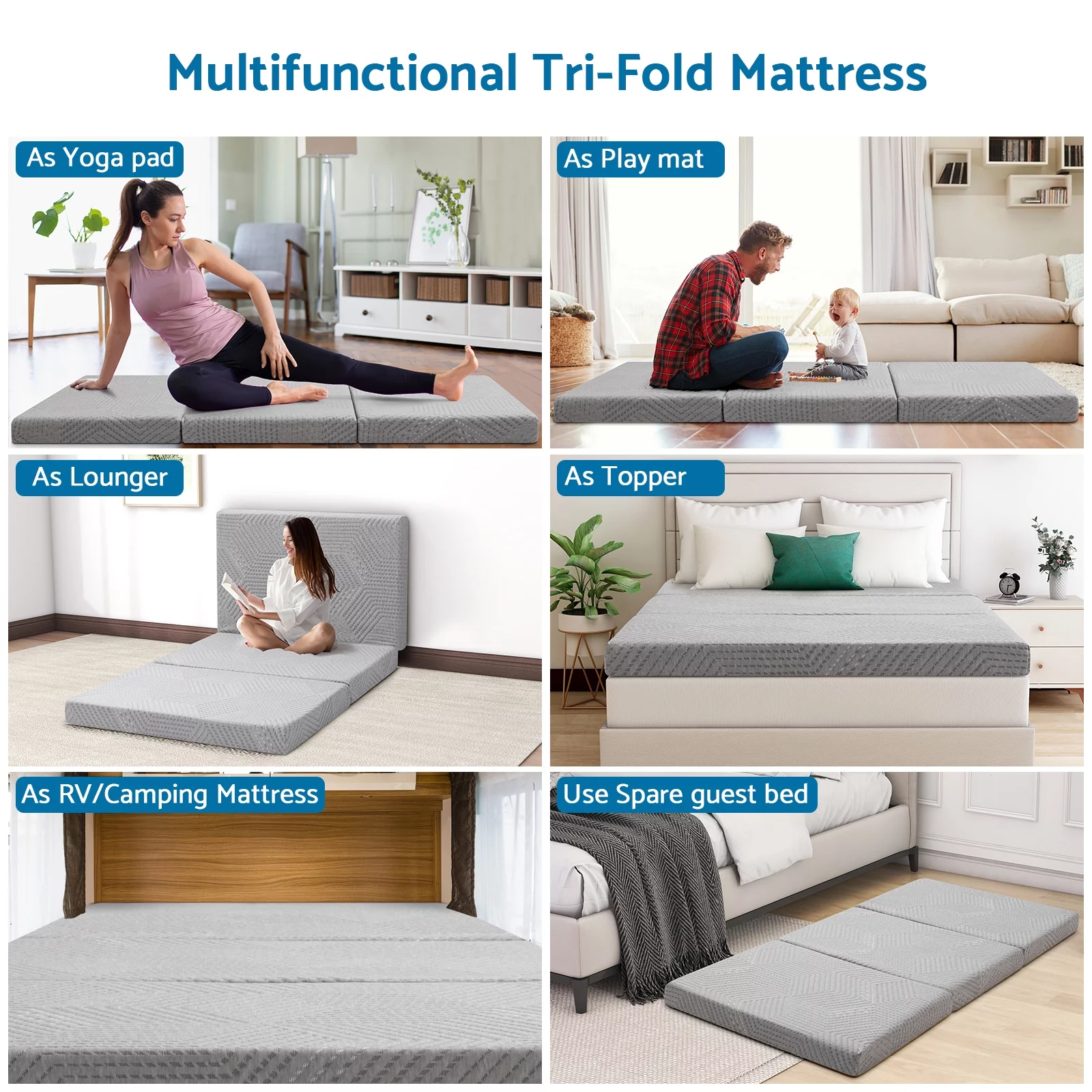 4 inch Tri Fold Mattress, Single Memory Foam Mattress with Washable Cover Non-Slip Bottom, Trifold Gel Mattress Topper for Floor RV,Camping, Guest, Toddler,CertiPUR-US Certified,Gray