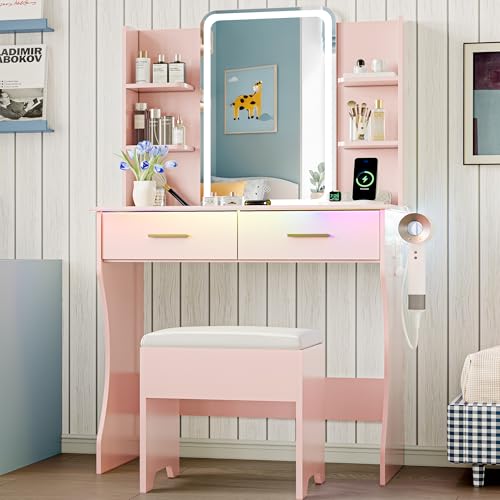 Vanity Desk with LED Lights Mirror & Power Outlet, Small Makeup Vanity Table Set with Storage Drawers & Chair, 3 Lighting Modes & Adjustable Brightness, Dressing Table for Women Girls Bedroom, White