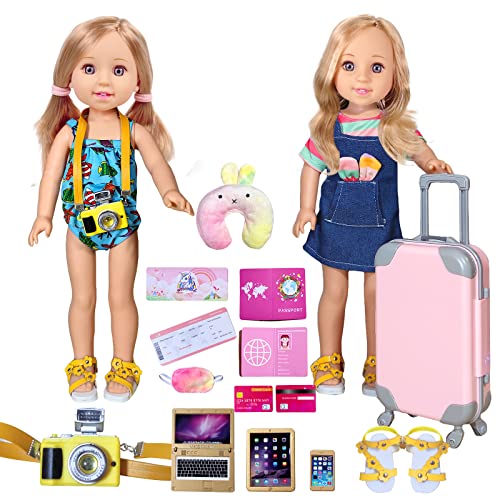 14-inch-Doll-Clothes and Doll-Travel-Suitcase Play Set Accessories - Including Luggage, ​2 Sets of Doll Clothes, Shoes Sunglasses Camera Computer Travel Pillow Blindfold Passport Tickets