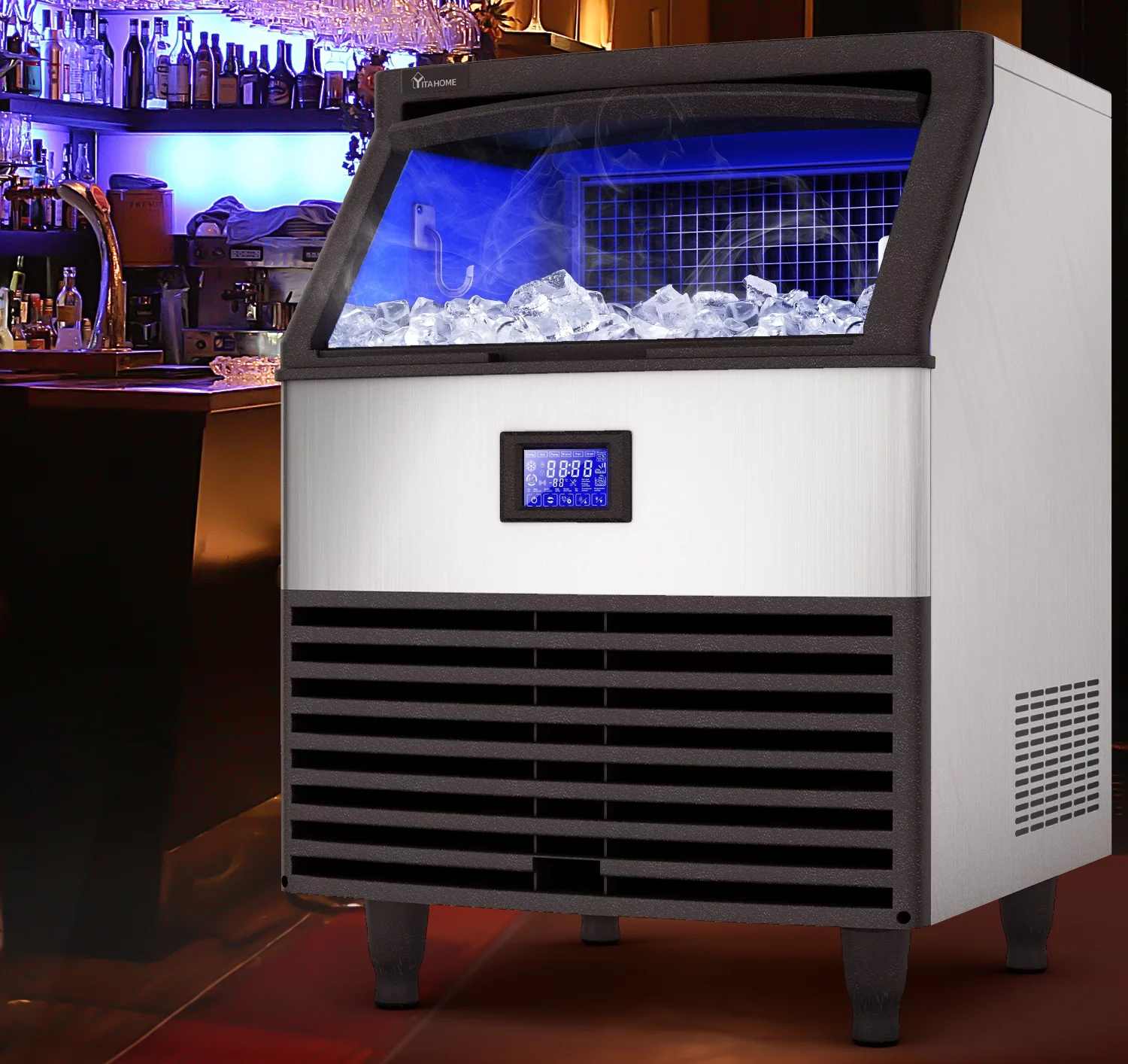 Dextrus 2023 Upgraded Commercial Ice Maker Machine 320lbs/24h with 100lbs Storage Bin, Stainless Steel Ice Scoop, Blue Light, Freestanding Ice Machine for Home, Restaurants, Bars