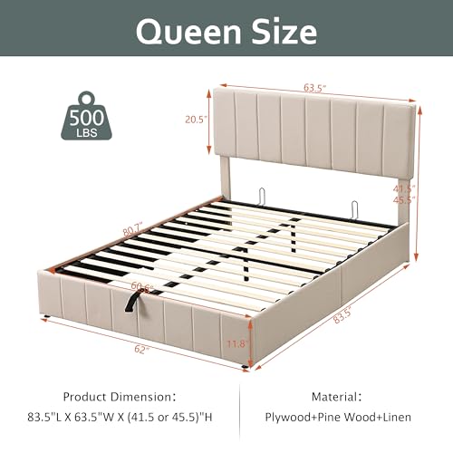 Merax Upholstered Platform Bed with Hydraulic Storage System, Wooden Slat Support and Under Bed Storage, Space-Saving Design, No Box Spring Required, Full Size, Beige