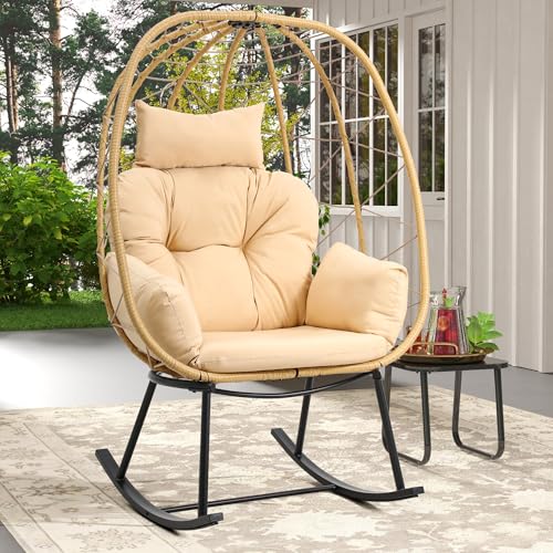 DWVO Wicker Rocking Egg Chair, Oversized Indoor Outdoor Rattan Rocking Chair, Indoor Outdoor Lounger for Patio, Backyard, Living Room, Light Gray