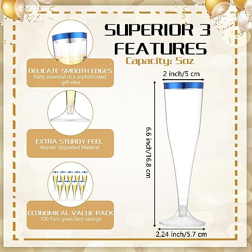 Zubebe 100 Pcs Plastic Champagne Flutes 4.5oz Classic Champagne Clear Plastic Cups Wedding Party Toasting Cocktail Cups Bulk Home Toasting Drinking Party(Blue)