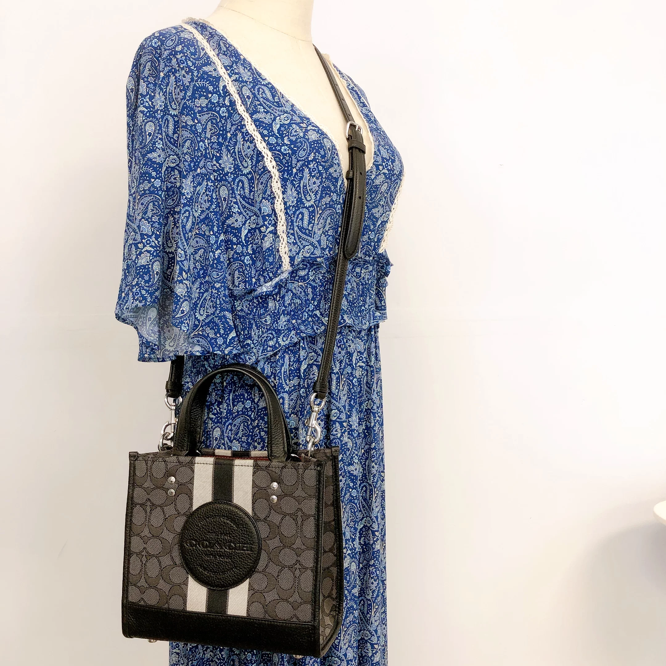 Coach C8417 Dempsey Tote 22 In Signature Jacquard With Stripe And Coach Patch IN Black Smoke Black Multi