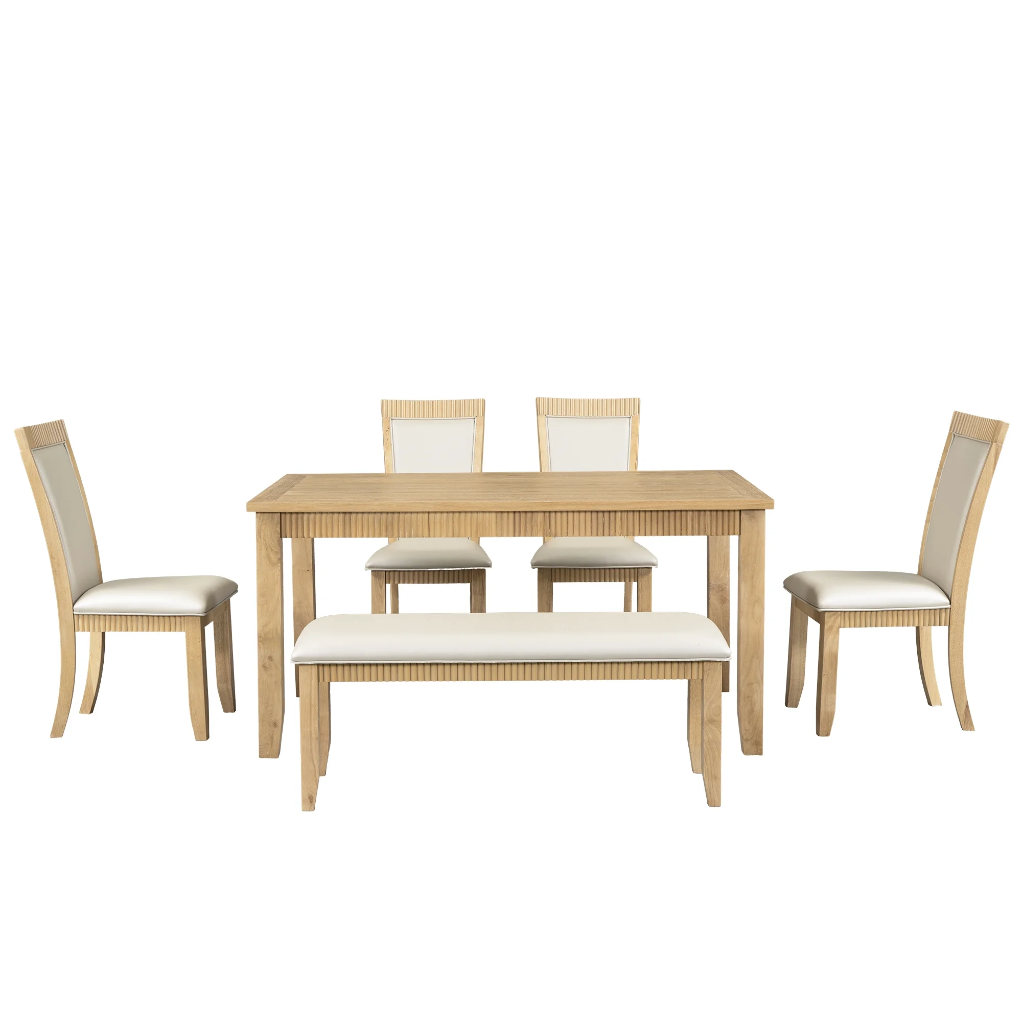 CoSoTower Rustic Solid Wood 6-Piece Dining Table Set, PU Leather Upholstered Chairs and Bench, Natural Wood Wash