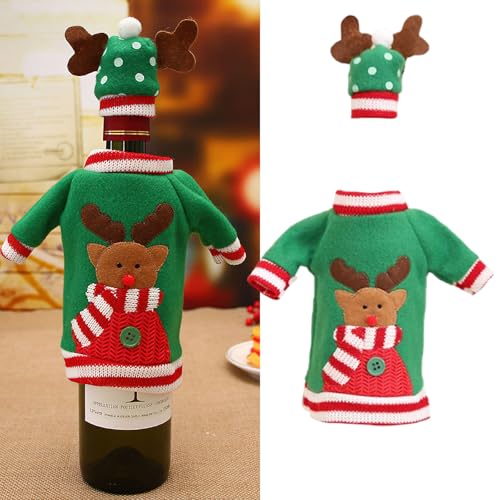 Christmas Wine Bottle Cover Set, Ugly Christmas Elk Sweater Wine Bottle Cover with Hat Knitted Champagne Dress for Xmas Christmas Party Holiday Table Centerpieces Decorations