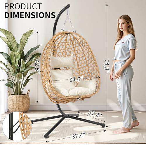 Egg Chair with Stand, Patio Wicker Hanging Chair, Hammock Swing Chair, 350LBS Capacity for Bedroom, Balcony, Garden (YE-BE)